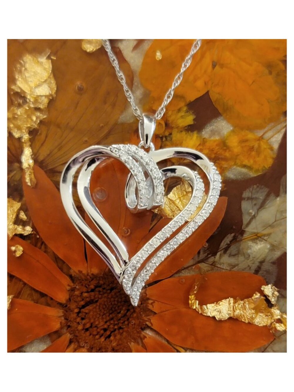 Lab Grown Diamond Double Heart Pendant Necklace Sterling Silver NWT